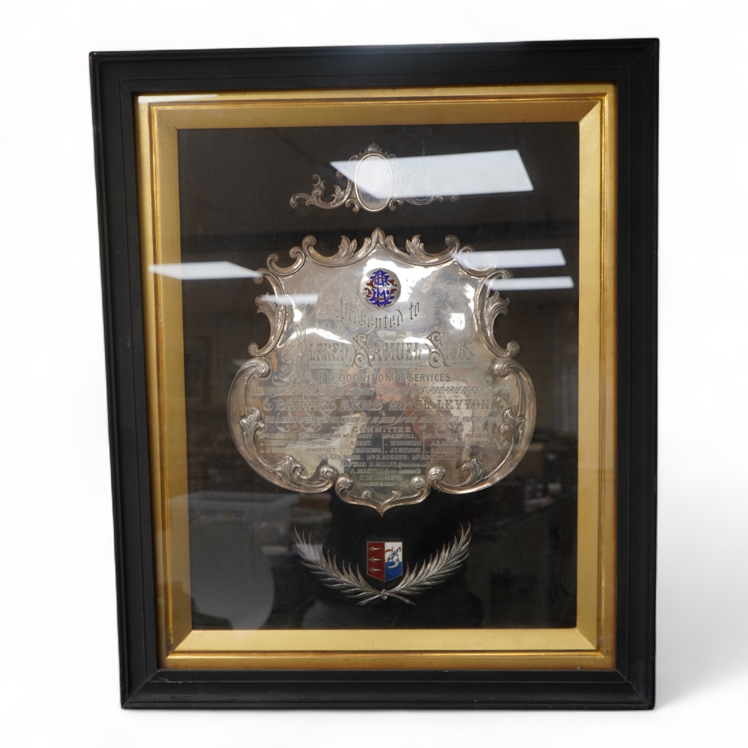 Alfred Samuel Sims commemorative plaque for his services to the Bakers Arms Hotel, with enamel decoration, framed, 60cm high